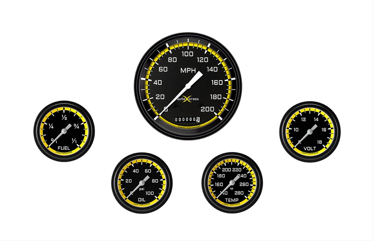 Classic Instruments Auto Cross Yellow Series Gauge Sets AX354YBLF Set, Performance AutoCross, AutoCross Yellow, 5-Gauge Set, 4 5/8 in. Speedo, 2 5/8 in. Secondary Gauges, Black/Yellow Face, Set