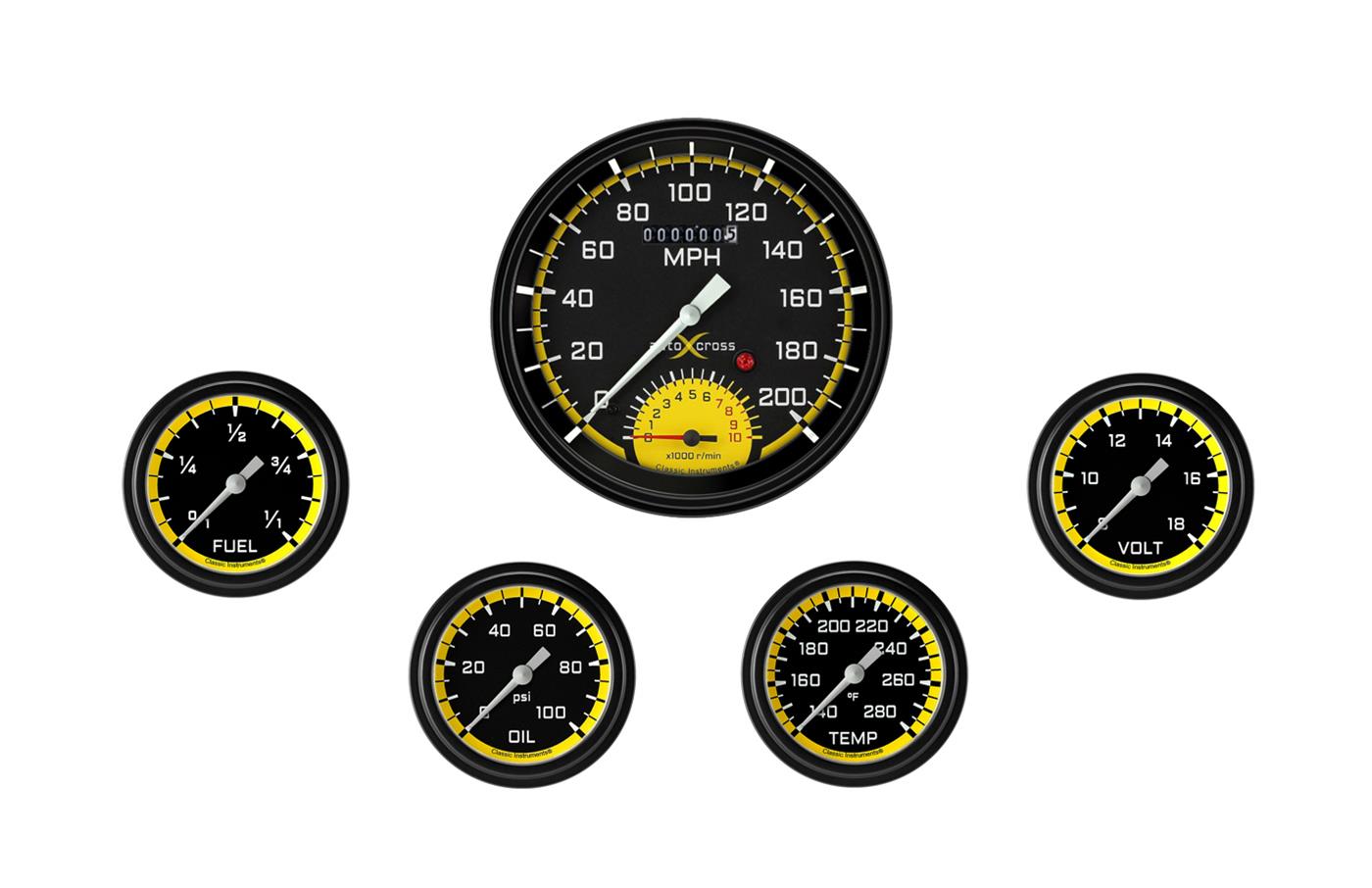 Classic Instruments Auto Cross Yellow Series Gauge Sets AX365YBLF Set, AutoCross 4 5/8 in. Ultimate, 2 5/8 in. Fuel, Oil, Temp, Volts, Set of 6