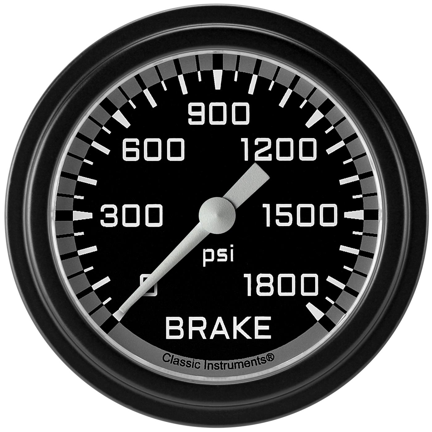 Classic Instruments Auto Cross Gray Series Gauges AX367GBLF Gauges, Series, Brake Pressure, 0-1,800 psi, Analog, Electrical, 2 5/8 in., Black Face, White Numbers, Black Bezel, Each