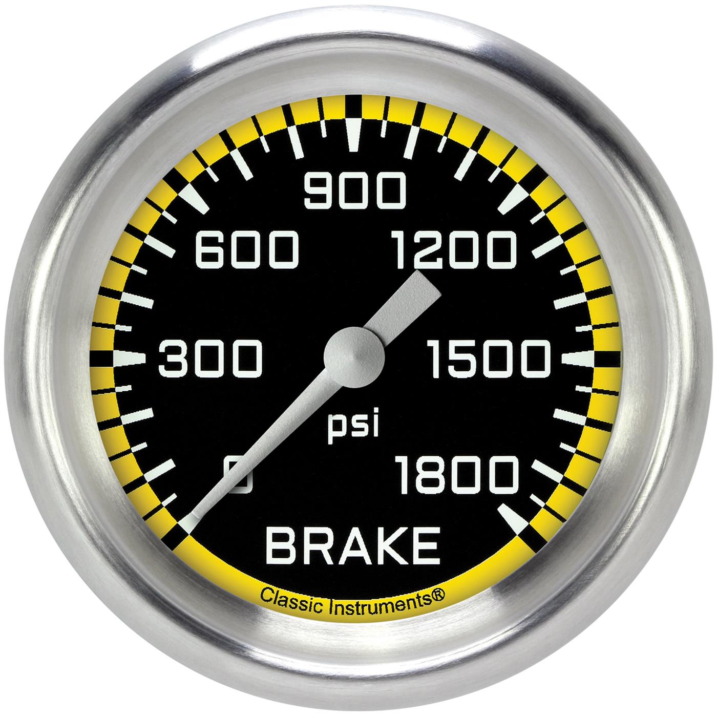 Classic Instruments Auto Cross Yellow Series Gauges AX367YAPF Gauges, Series, Brake Pressure, 0-1,800 psi, Analog, Electrical, 2 5/8 in., Black Face, White Numbers, 1/8 in. NPT Thread, Each