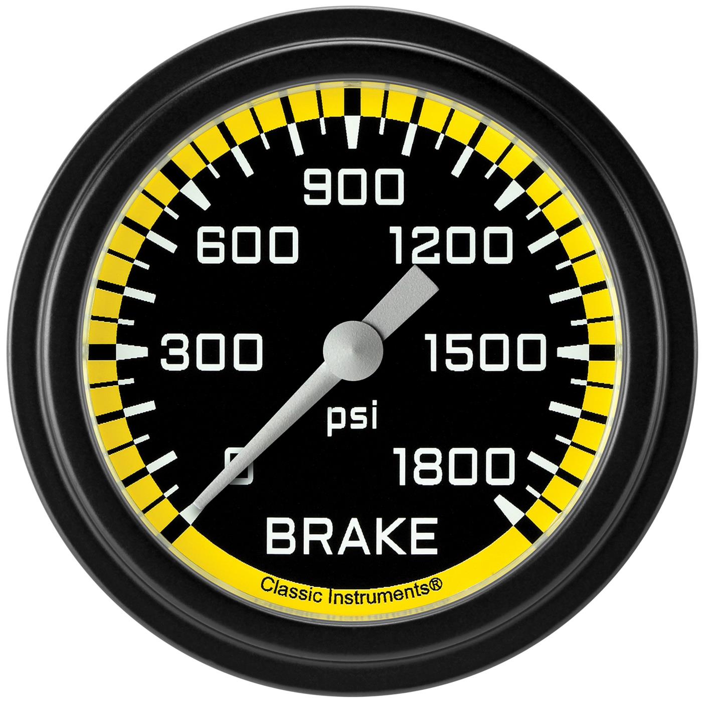 Classic Instruments Auto Cross Yellow Series Gauges AX367YBLF Gauges, Series, Brake Pressure, 0-1,800 psi, Analog, Electrical, 2 5/8 in., Black Face, White Numbers, Black Bezel, Each