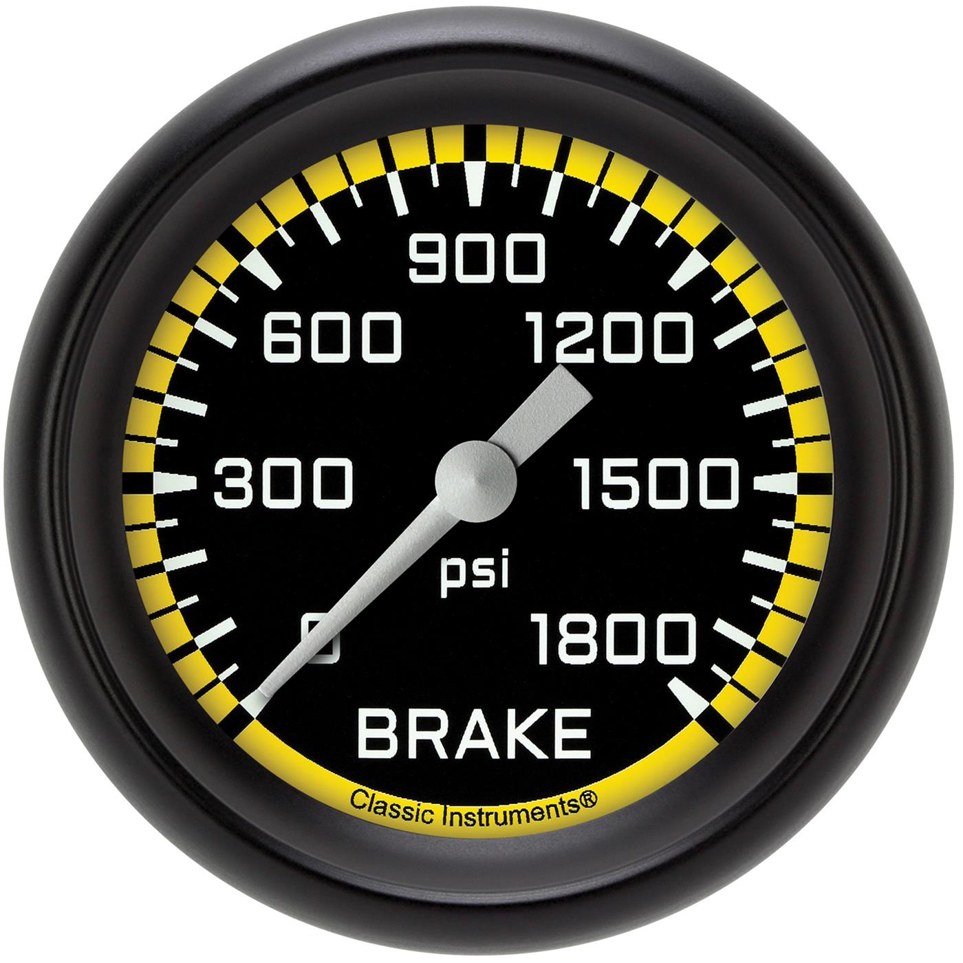 Classic Instruments Auto Cross Yellow Series Gauges AX367YBPF Gauges, Series, Brake Pressure, 0-1,800 psi, Analog, Electrical, 2 5/8 in., Black Face, White Numbers, Black Bezel, Each