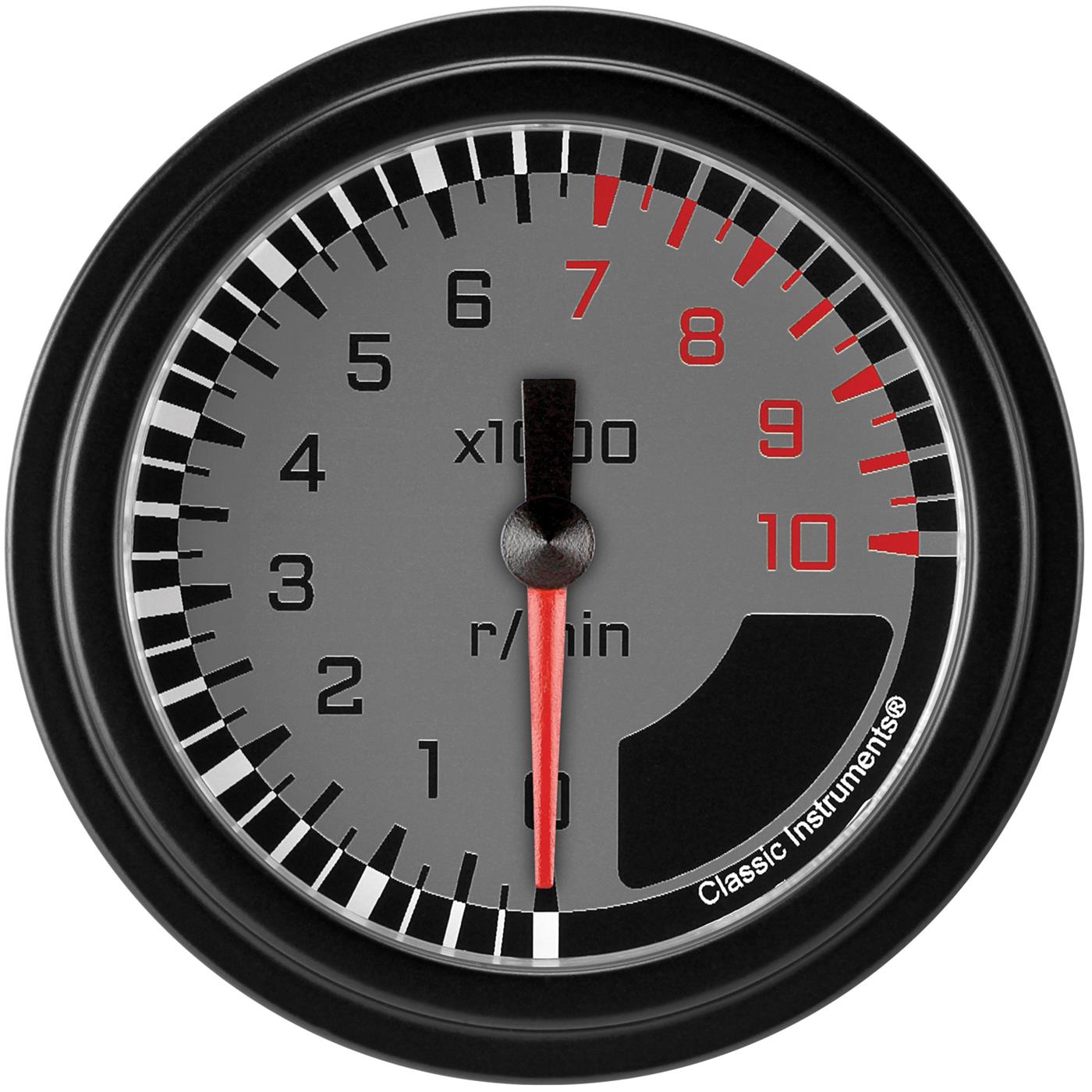 Classic Instruments Auto Cross Gray Series Tachometers AX383GBLF Gauges, Tachometers, 0-10,000 rpm, Analog, Electrical, 2 5/8 in., Black/Gray Face, Black/Red Numbers, Black Bezel, Each