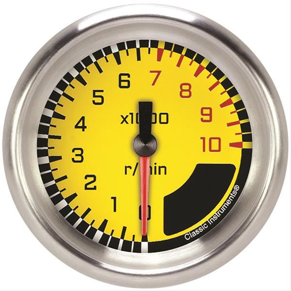 Classic Instruments Auto Cross Gray Series Tachometers AX383YAPF Gauges, Tachometers, 0-10,000 rpm, Analog, Electrical, 2 5/8 in., Black/Yellow Face, Black/Red Numbers, Black Bezel, Each