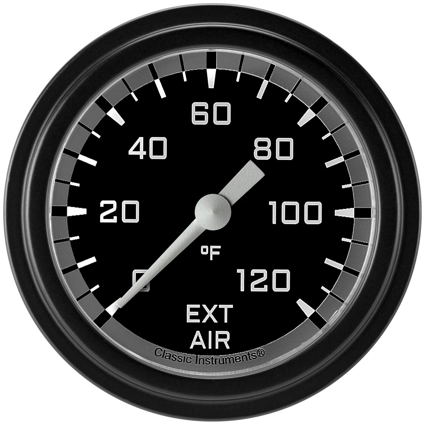 Classic Instruments Auto Cross Gray Series Gauges AX399GBLF Gauges, Series, Air Temperature, 0-120 degrees F, Analog, Electrical, 2 5/8 in., Black Face, White Numbers, Matte Black Bezel, Each