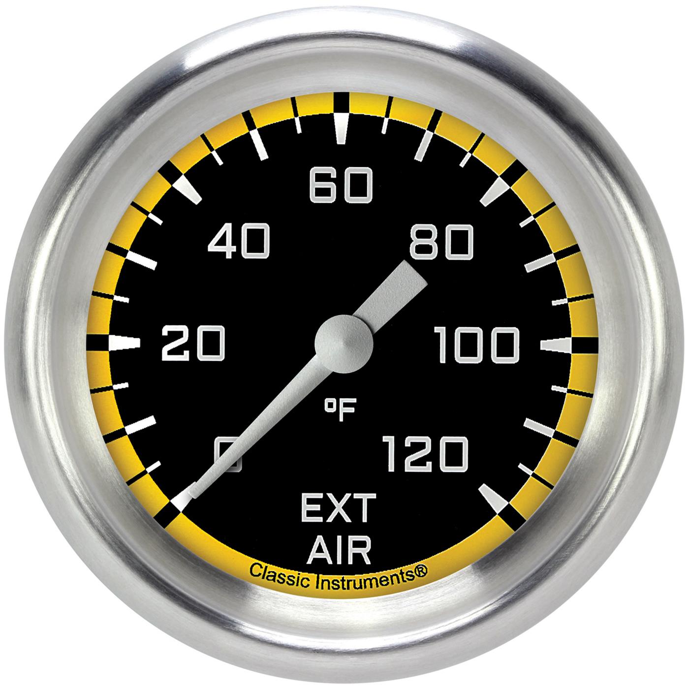 Classic Instruments Auto Cross Yellow Series Gauges AX399YAPF Gauges, Series, Air Temperature, 0-120 degrees F, Analog, Electrical, 2 5/8 in., Black Face, White Numbers, 1/8 in. NPT Thread, Each