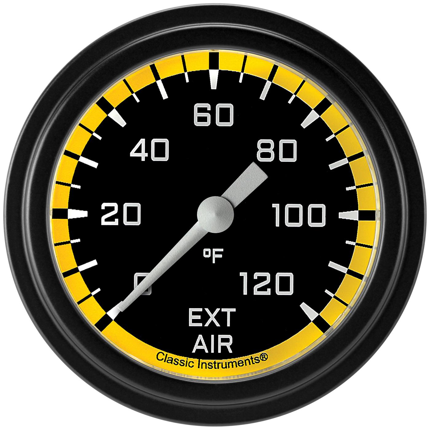 Classic Instruments Auto Cross Yellow Series Gauges AX399YBLF Gauges, Series, Air Temperature, 0-120 degrees F, Analog, Electrical, 2 5/8 in., Black Face, White Numbers, Matte Black Bezel, Each