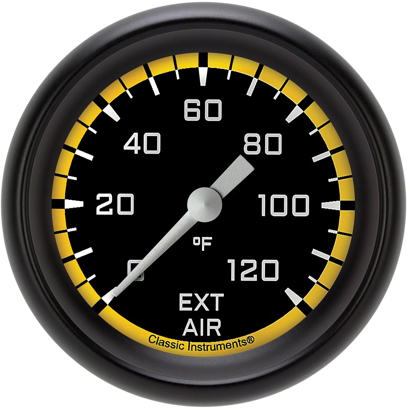 Classic Instruments Auto Cross Yellow Series Gauges AX399YBPF Gauges, Series, Air Temperature, 0-120 degrees F, Analog, Electrical, 2 5/8 in., Black Face, White Numbers, Matte Black Bezel, Each