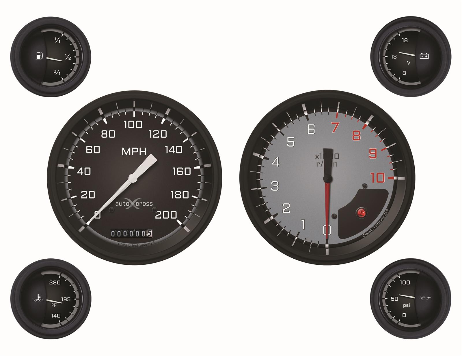 Classic Instruments Auto Cross Gray Series Gauge Sets AX51GBLF Gauges, Cross, Speedometer, Tach, Water Temp., Fuel Level, Black/Gray Face, Analog, Electronic, Set of 6