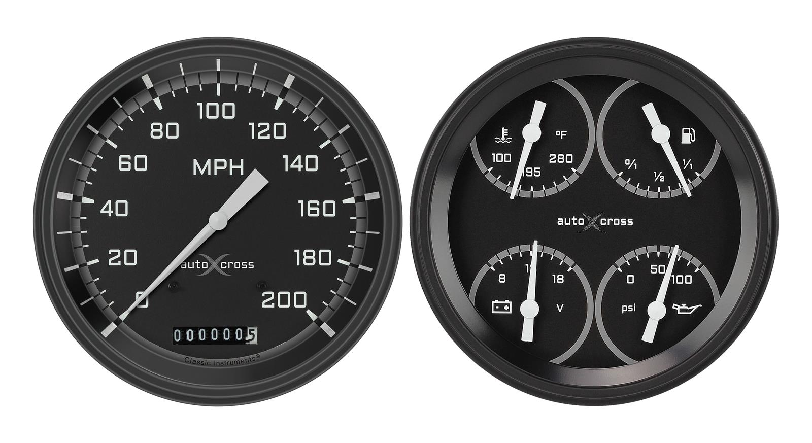 Classic Instruments Auto Cross Gray Series Gauge Sets AX52GBLF Autocross w/ Black Bezel 4 5/8" Speedo & Quad