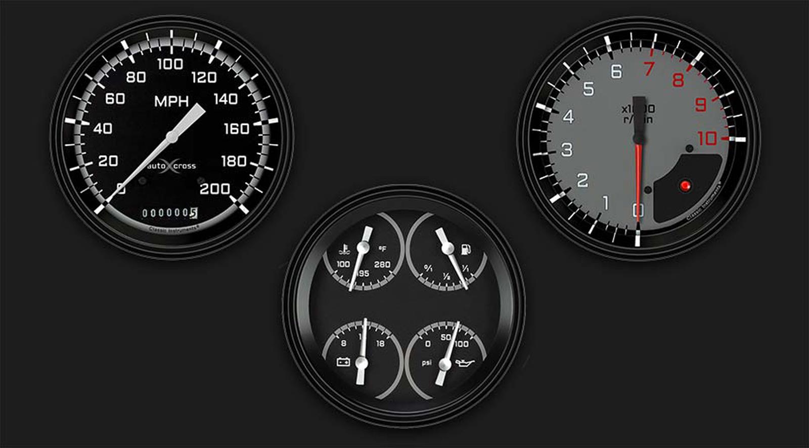 Classic Instruments Auto Cross Gray Series Gauge Sets AX53GBLF Autocross w/ Black Bezel 4 5/8" Speedo & Tach & Quad thumbnail 2