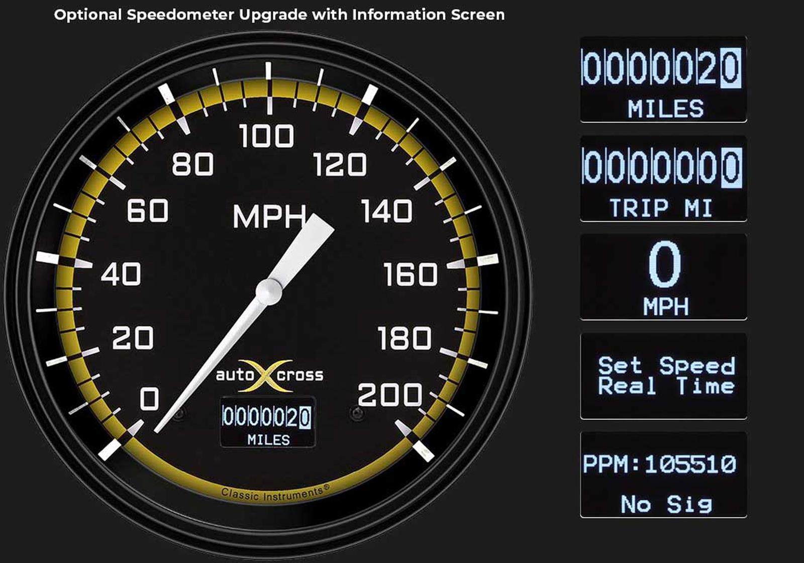 Classic Instruments Auto Cross Yellow Series Gauge Sets AX53YBLF Kits, Yellow, Analog, Speedometer, Tach, Fuel Level, Oil Press., Volts, Water Temp., 4 5/8 in., Black/Yellow Face, White Numbers, Kit thumbnail 2