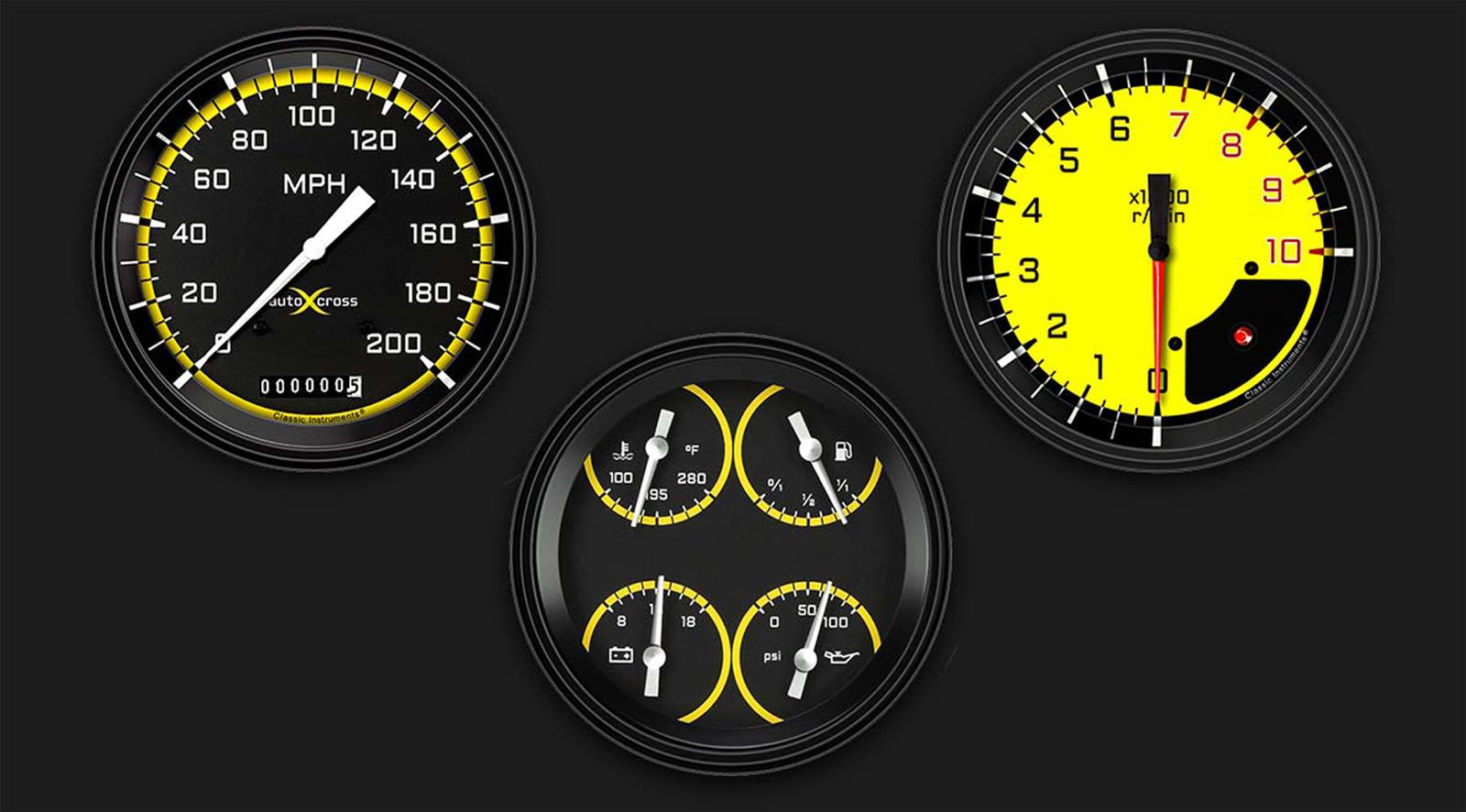 Classic Instruments Auto Cross Yellow Series Gauge Sets AX53YBLF Kits, Yellow, Analog, Speedometer, Tach, Fuel Level, Oil Press., Volts, Water Temp., 4 5/8 in., Black/Yellow Face, White Numbers, Kit