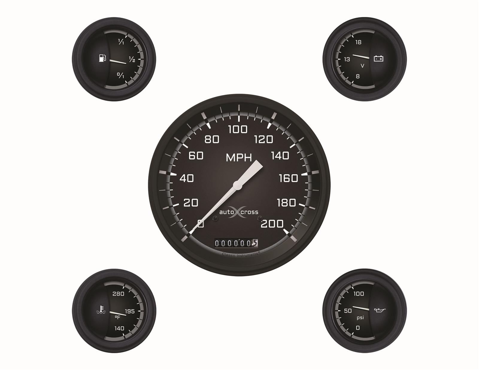 Classic Instruments Auto Cross Gray Series Gauge Sets AX54GBLF Gauges, Cross, Speedometer, Water Temperature, Fuel Level, Black/Gray Face, Analog, Electronic, Set of 5