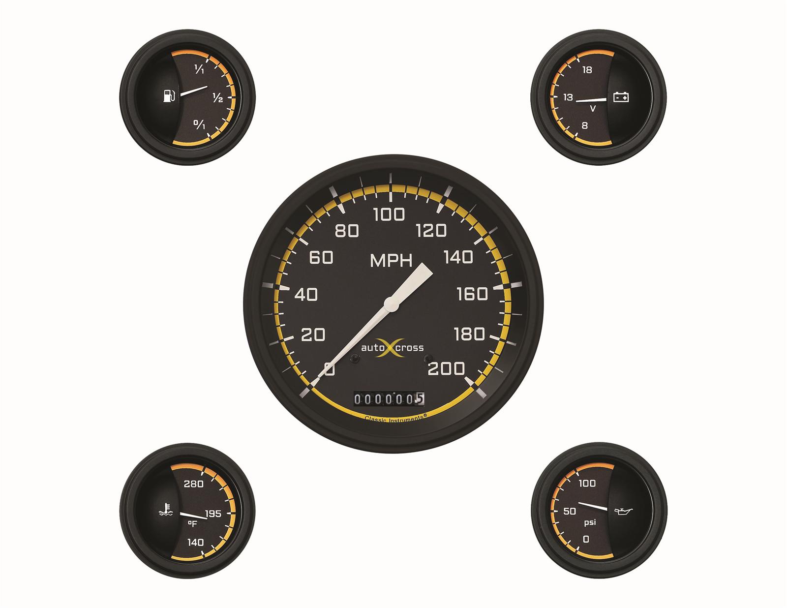 Classic Instruments Auto Cross Yellow Series Gauge Sets AX54YBLF Gauges, Cross, Speedometer, Water Temperature, Fuel Level, Black/Yellow Face, Analog, Electronic, Set of 5