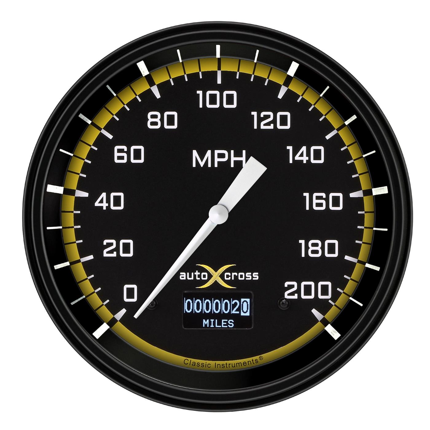 Classic Instruments Auto Cross Yellow Series Speedometers AX56DYBLF Gauges, Speedometers, 0-200 mph, 4 5/8 in. Diameter, Black/Yellow Face, White Numbers, Black Bezel, Tripometer, Each