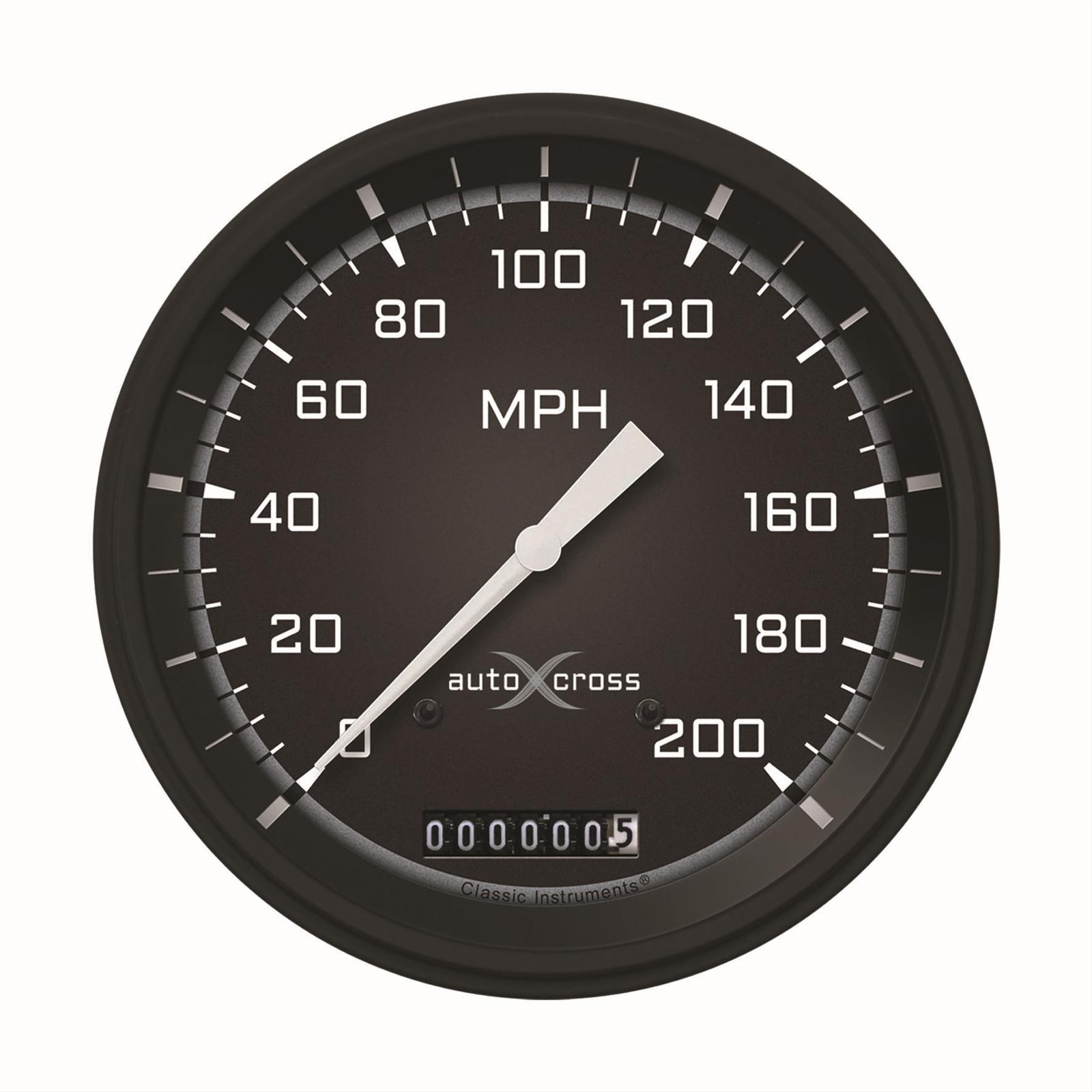 Classic Instruments Auto Cross Yellow Series Speedometers AX56GBLF Speedometer, Cross, 5 in. Diameter, 0-200 mph, Analog, Electrical, Black/Gray Face, Flat Lens, Each