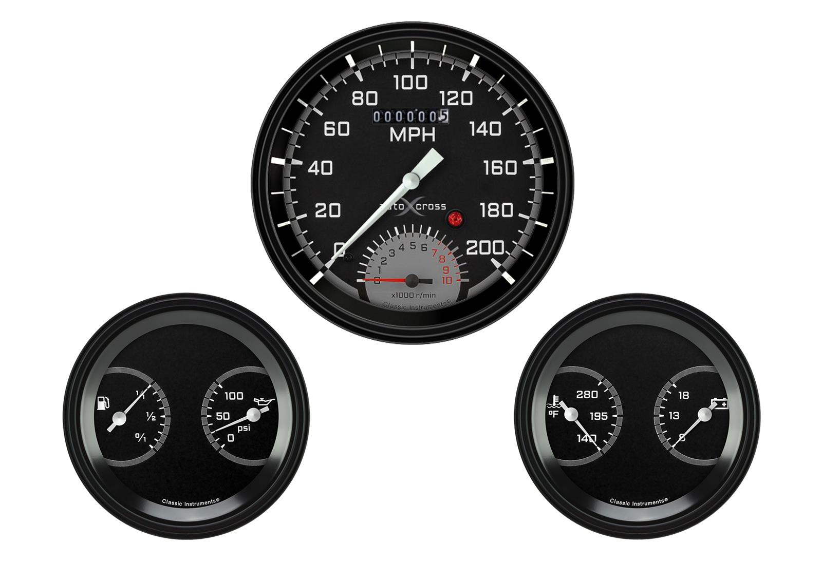 Classic Instruments Auto Cross Gray Series Gauge Sets AX61GBLF Gauges, AutoCross Gray, Speedtachular, Speedometer, Tachometer, Water Temp, Oil Pressure, Voltmeter, Fuel, Black Low-Step Bezel, Flat Lens, Kit