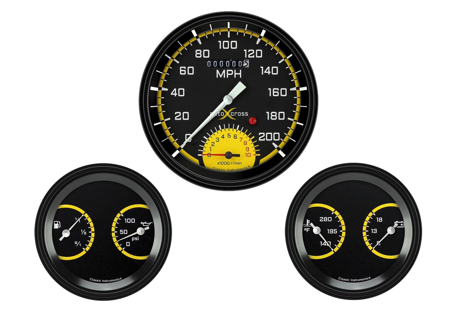 Classic Instruments Auto Cross Yellow Series Gauge Sets AX61YBLF Gauges, AutoCross Yellow, Speedtachular, Speedometer, Tachometer, Water Temp, Oil Pressure, Voltmeter, Fuel, Black Low-Step Bezel, Flat Lens, Kit