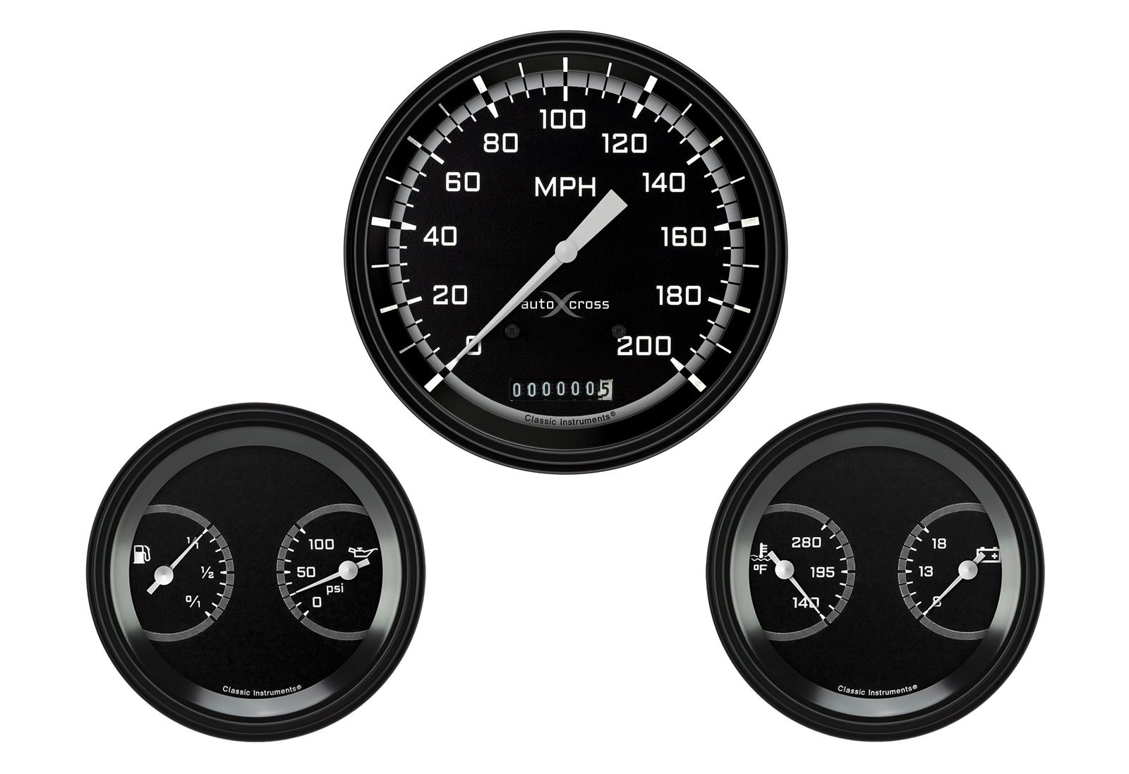 Classic Instruments Auto Cross Gray Series Gauge Sets AX64GBLF Gauges, AutoCross Gray, Speedometer, Water Temp, Oil Pressure, Voltmeter, Fuel, Black Low-Step Bezel, Flat Lens, Kit