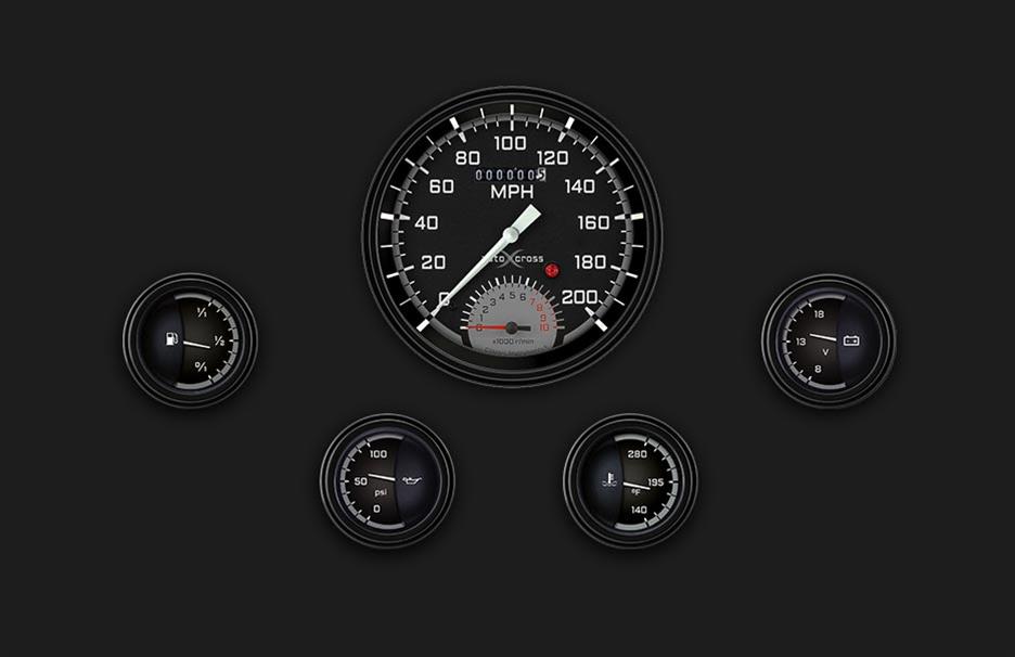 Classic Instruments Auto Cross Gray Series Gauge Sets AX65GBLF Autocross w/ Black Bezel 4 5/8" Speedtachular, 2 1/8" Fuel, Oil, Temp, Volts