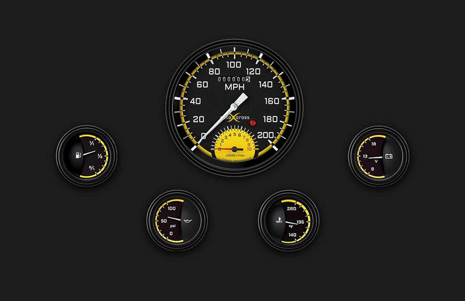 Classic Instruments Auto Cross Yellow Series Gauge Sets AX65YBLF Kits, Yellow, Analog, Speedometer, Tach, Fuel Level, Oil Pressure, Voltmeter, Water Temp., Black/Yellow Face, White Numbers, Kit