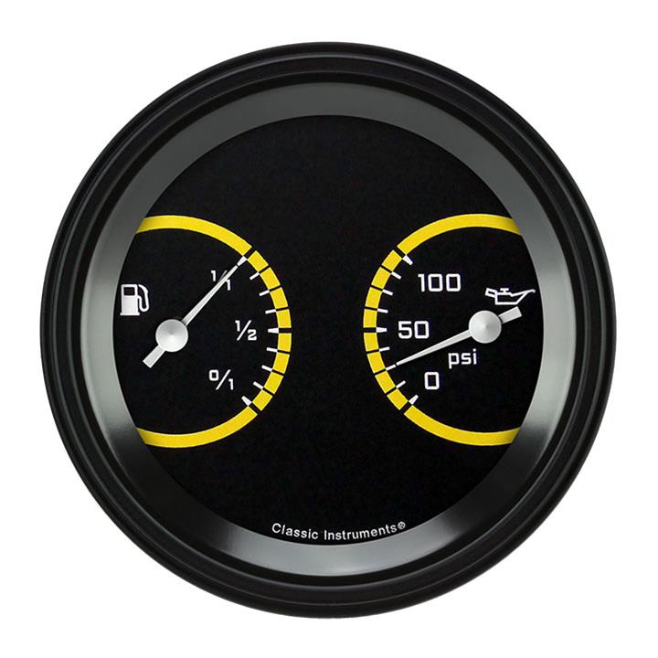 Classic Instruments Auto Cross Yellow Series Gauge Sets AX72YBLF Gauges, AutoCross Yellow, 3 3/8 in., Fuel Level, Oil Pressure, Black Low-Step Bezel, Flat Lens, Each