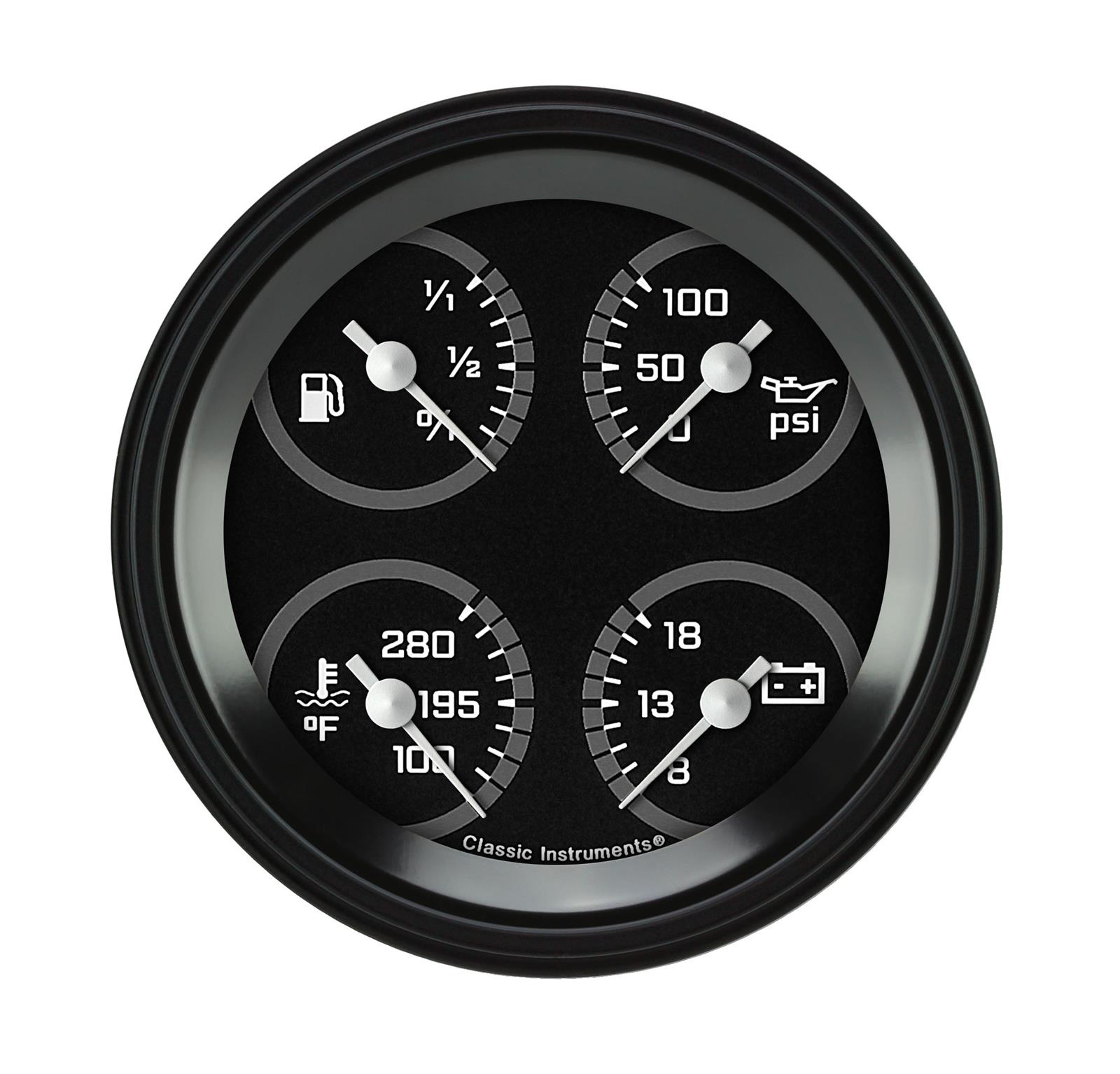 Classic Instruments Auto Cross Gray Series Gauges AX73GBLF Autocross w/ Black Bezel 3 3/8" Quad (fuel 75–10 ohm)