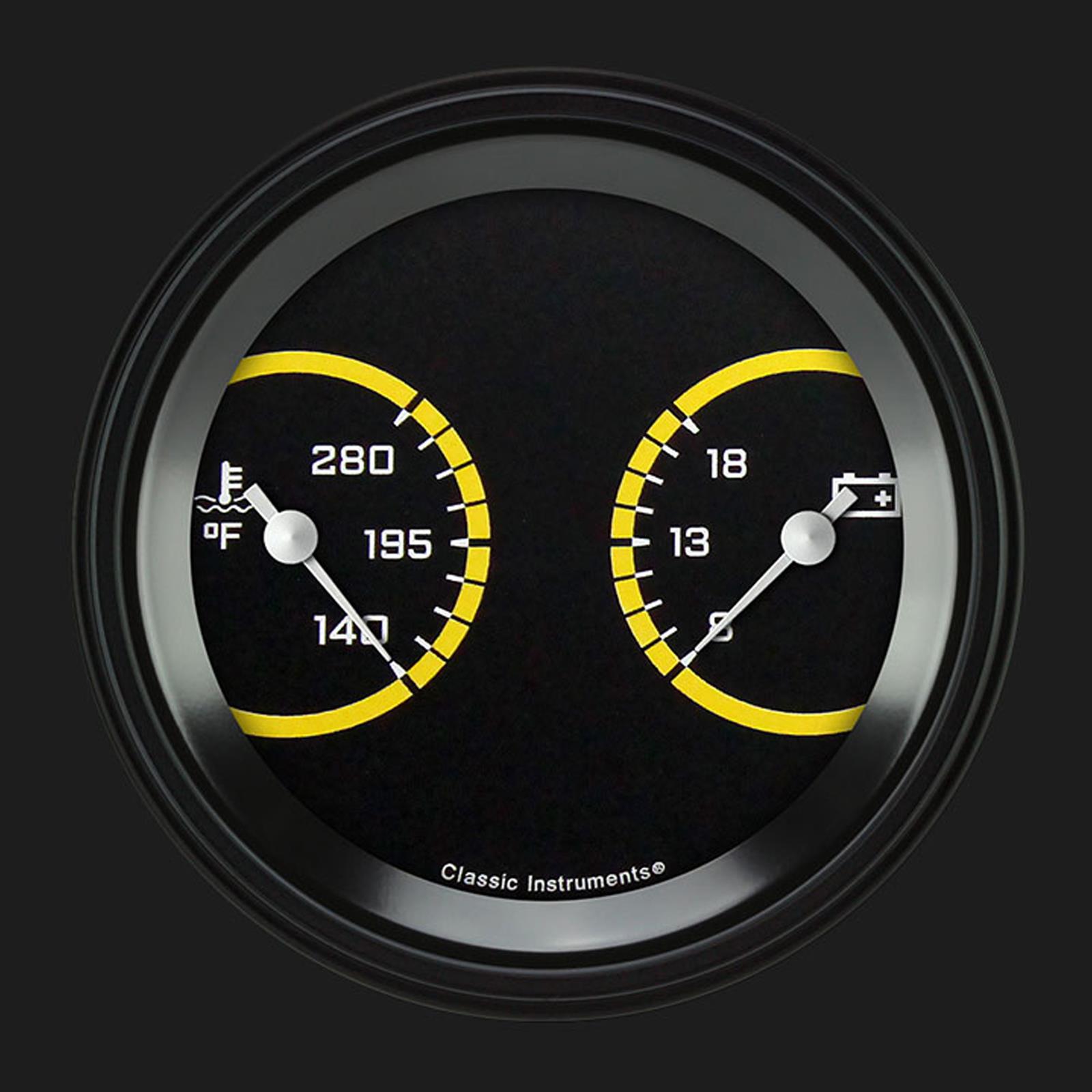 Classic Instruments Auto Cross Yellow Series Gauge Sets AX74YBLF Gauges, AutoCross Yellow, 3 3/8 in., Water Temperature, Voltmeter, Black Low-Step Bezel, Flat Lens, Each