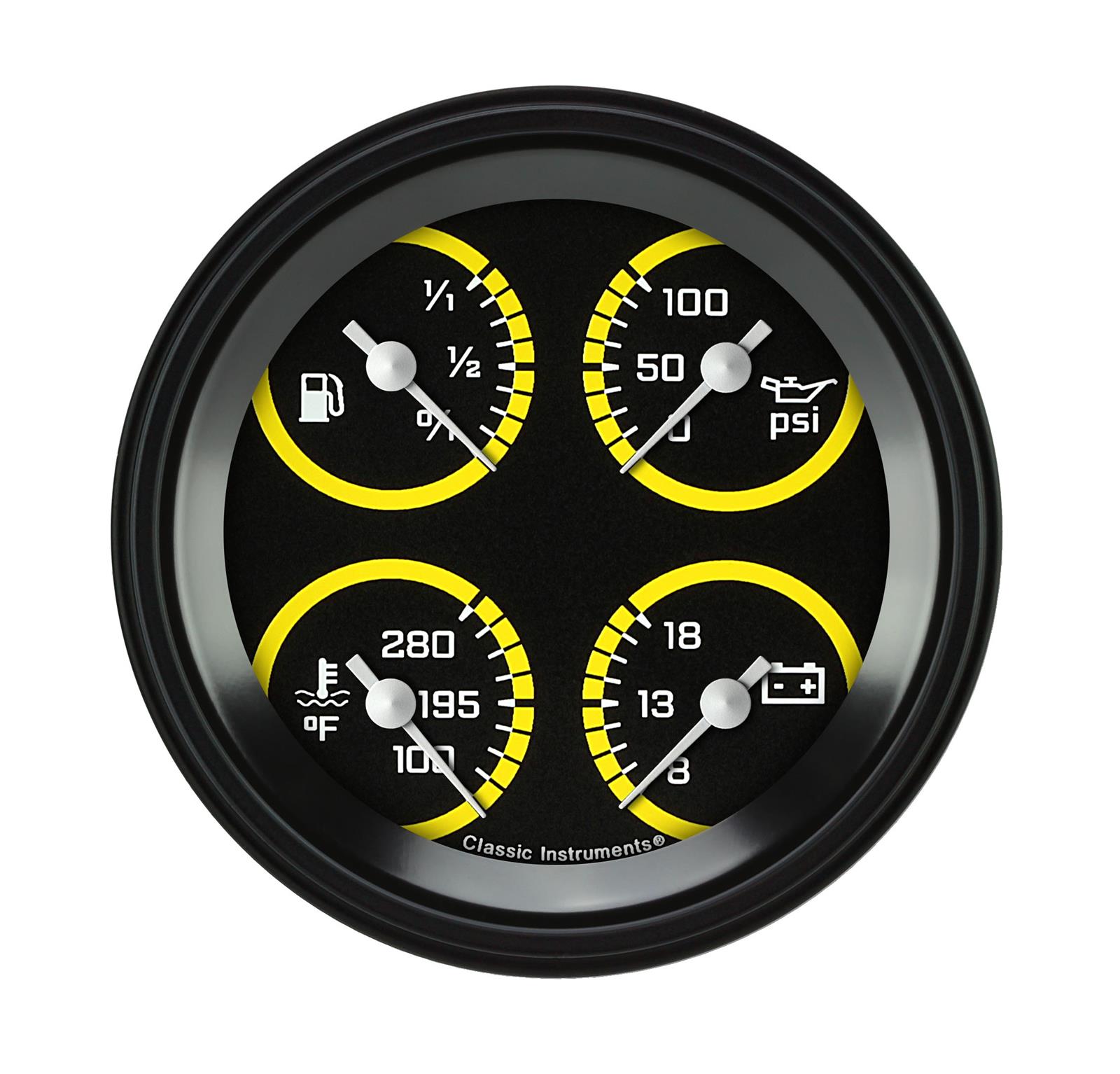 Classic Instruments Auto Cross Yellow Series Gauge Sets AX76YBLF Kits, Yellow, Quad, Analog, Fuel Level, Oil Pressure, Voltmeter, Water Temperature, 3 3/8 in., Black/Yellow Face, White Numbers, Each