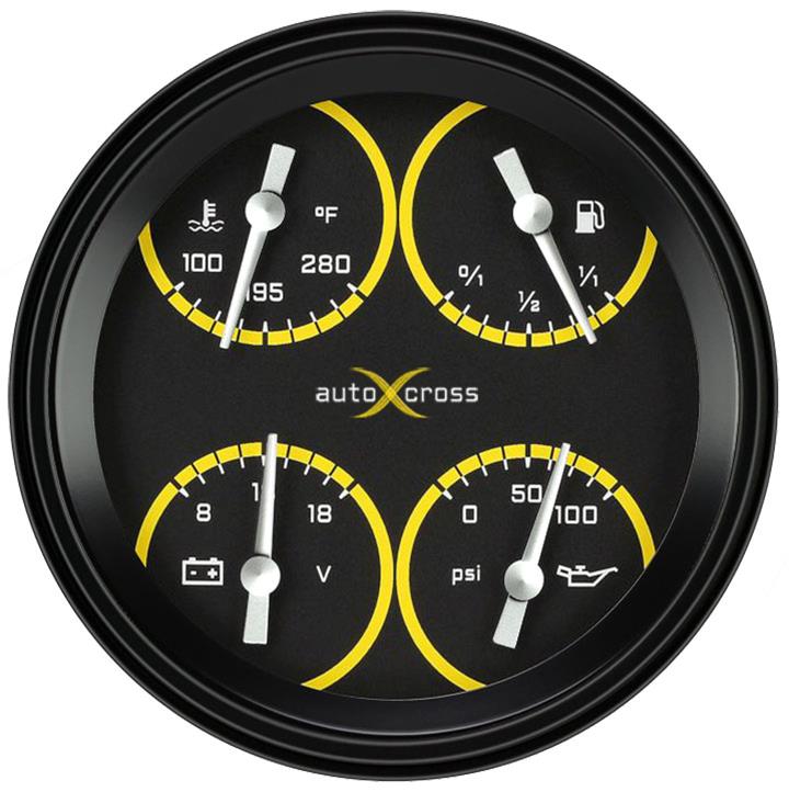 Classic Instruments Auto Cross Yellow Series Gauge Sets AX78YBLC Gauge, AutoCross Yellow, 4 5/8 in., Oil Pressure, Water Temperature, Voltmeter, Fuel Level, Black Face, Stainless Low-Step Bezel, Curved Lens, Each