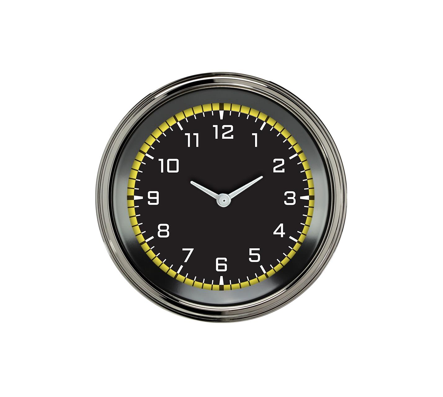 Classic Instruments Auto Cross Yellow Series Gauges AX93YSLF Gauge, AutoCross Yellow, Clock, 3 3/8 in., Black/Yellow Face, Stainless Low-Step Bezel, Flat Lens, Each