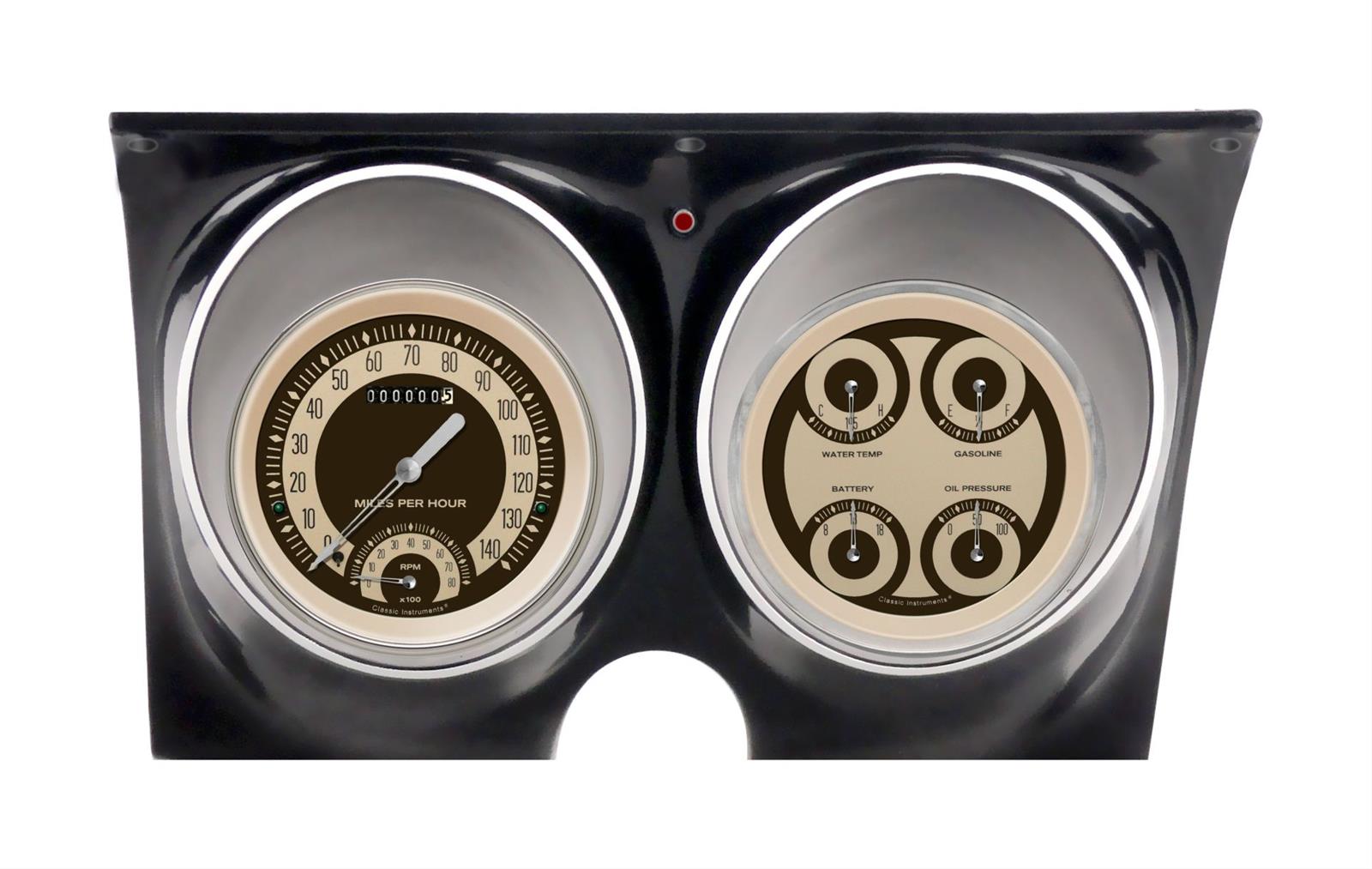 Classic Instruments 1967-68 Camaro Package Gauge Sets CAM67NT Kits, Camaro, Analog, Speedometer, Tach, Fuel Level, Oil Pressure, Volts, Water Temp., Cream/Brown Face, Brown Numbers, Chevrolet, Kit
