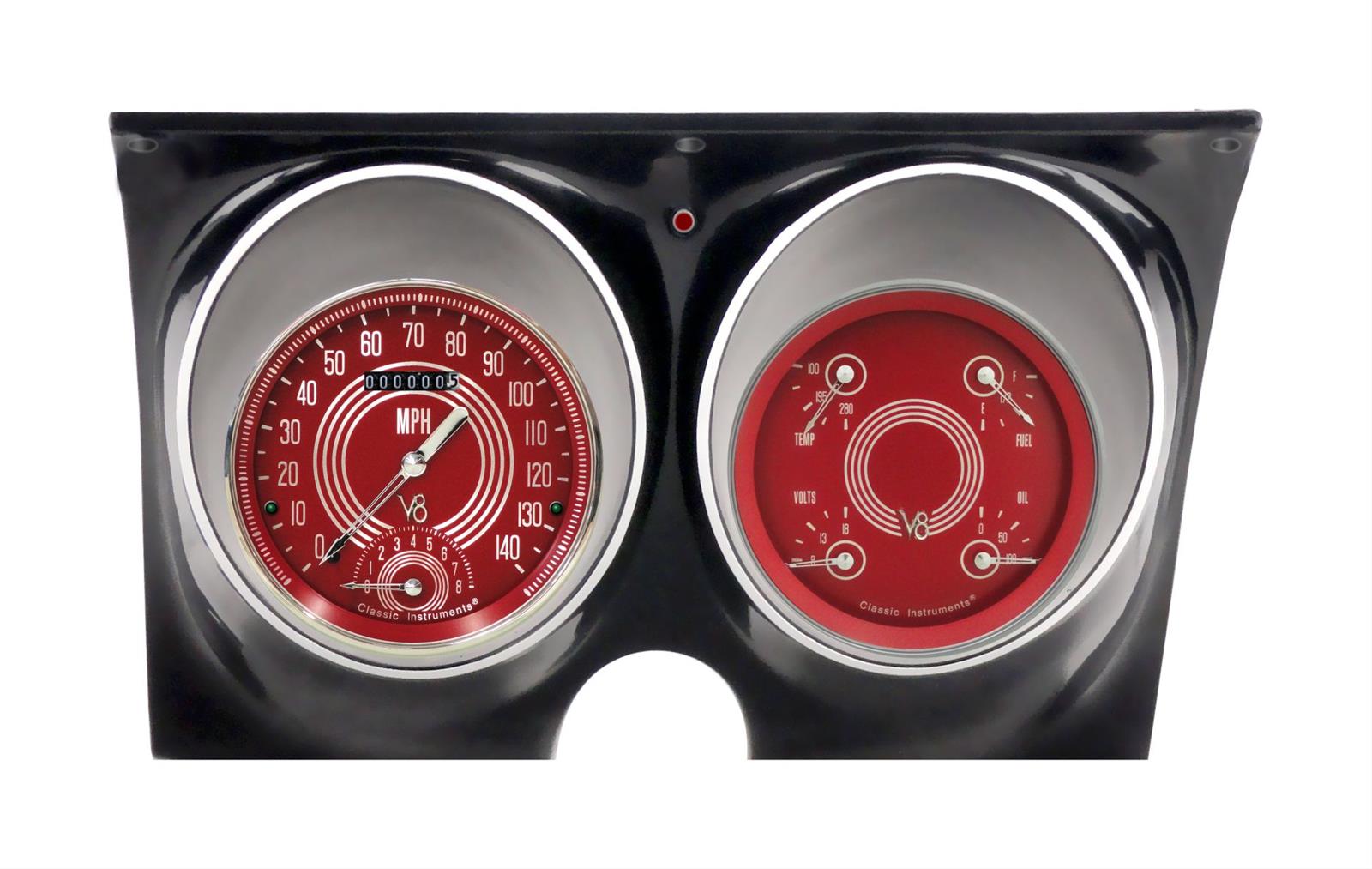 Classic Instruments 1967-68 Camaro Package Gauge Sets CAM67V8RS Kits, Gauges, Analog, Speedometer, Tach, Fuel Level, Oil Pressure, Volts, Water Temp., Red Face, Silver Numbers, Chevrolet, Kit