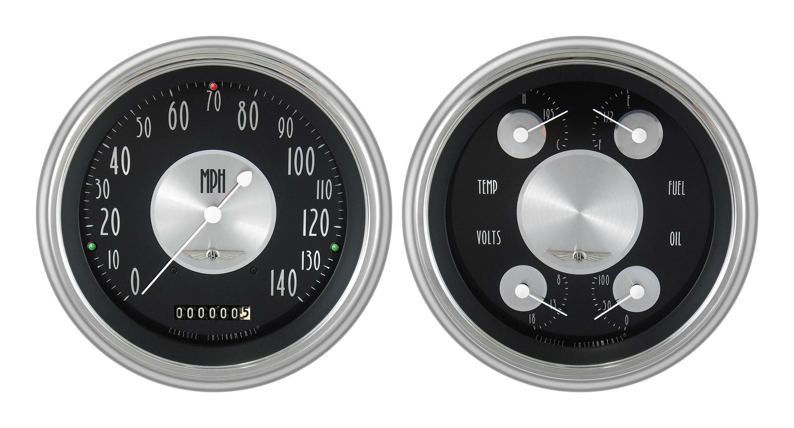 Classic Instruments 1951-53 Chevy Package Gauge Sets CH51AT52 Gauges, All-American Tradition, Speedometer, Oil Pressure, Fuel Level, Voltage, Black Face, Analog, Chevy, Kit