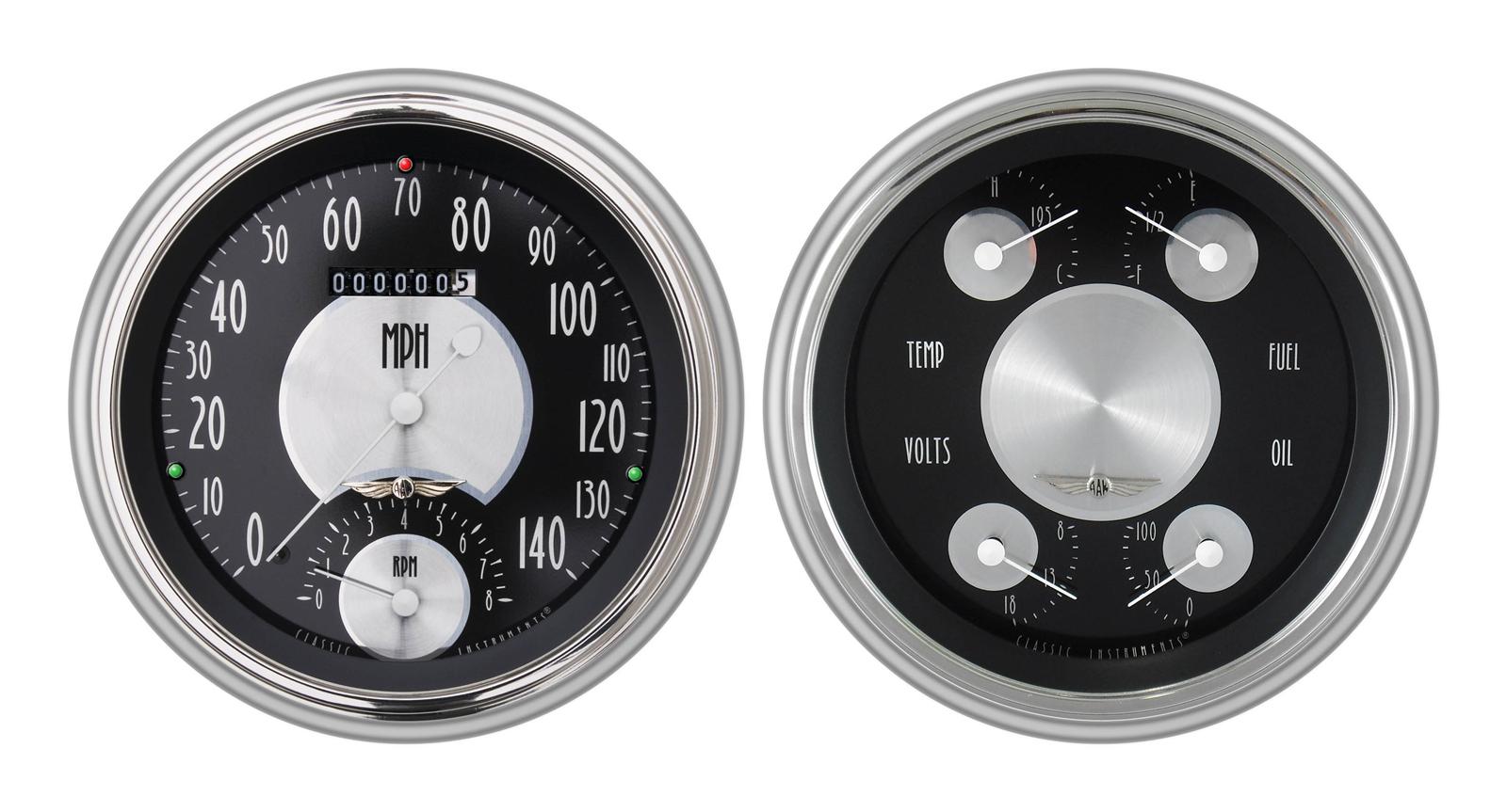 Classic Instruments 1951-53 Chevy Package Gauge Sets CH51AT62 Gauges, All-American Tradition, Speedometer, Tach, Oil Pressure, Fuel Level, Black Face, Analog, Chevy, Kit