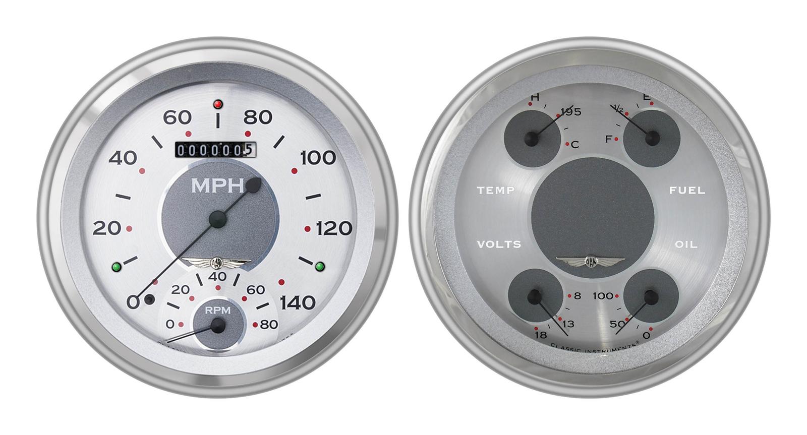 Classic Instruments 1951-53 Chevy Package Gauge Sets CH51AW62 Gauges, All-American, Speedometer, Tach, Oil Pressure, Fuel Level, Voltage, Silver Face, Analog, Chevy, Kit