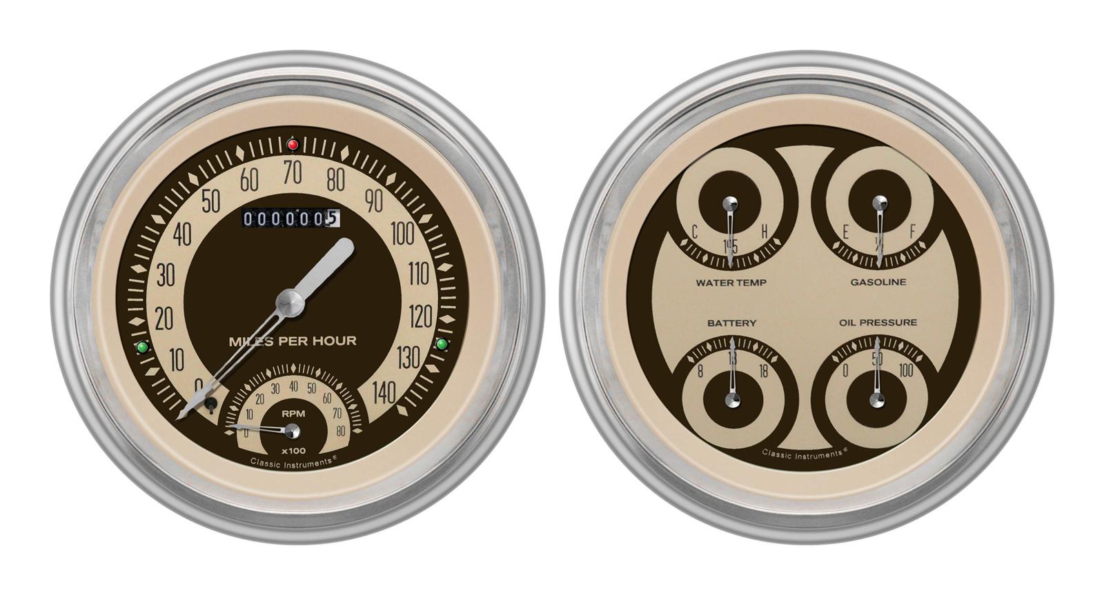 Classic Instruments 1951-53 Chevy Package Gauge Sets CH51NT62 Gauges, Nostalgia VT, Speedometer, Tach, Oil Pressure, Fuel Level, Voltage, Beige Face, Analog, Chevy, Kit