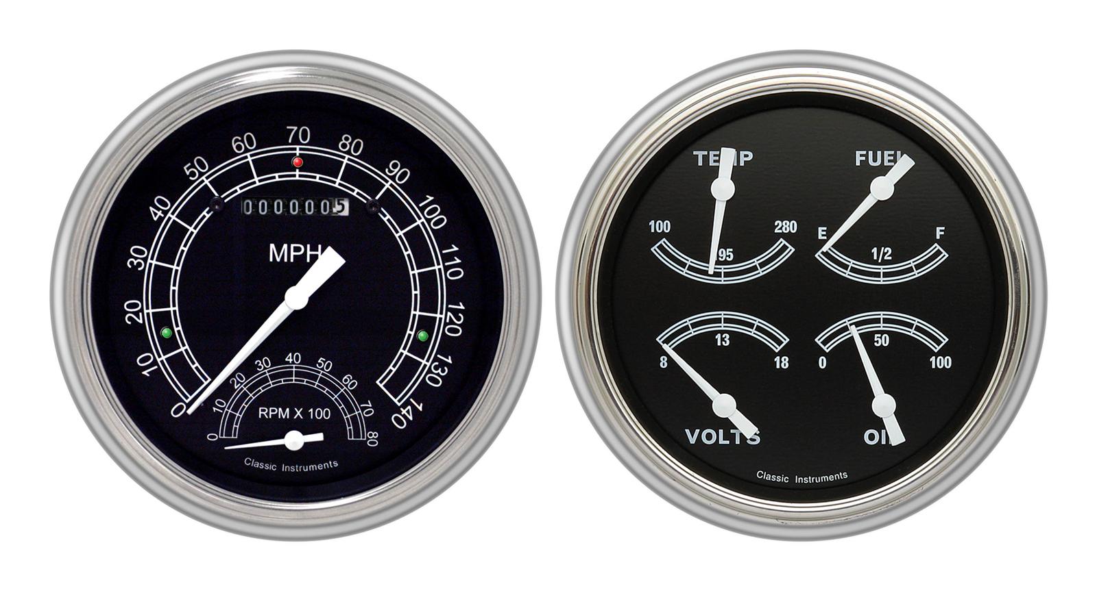 Classic Instruments 1951-53 Chevy Package Gauge Sets CH51TR62 Gauges, Traditional, Speedometer, Tach, Oil Pressure, Fuel Level, Voltage, Black Face, Analog, Chevy, Kit