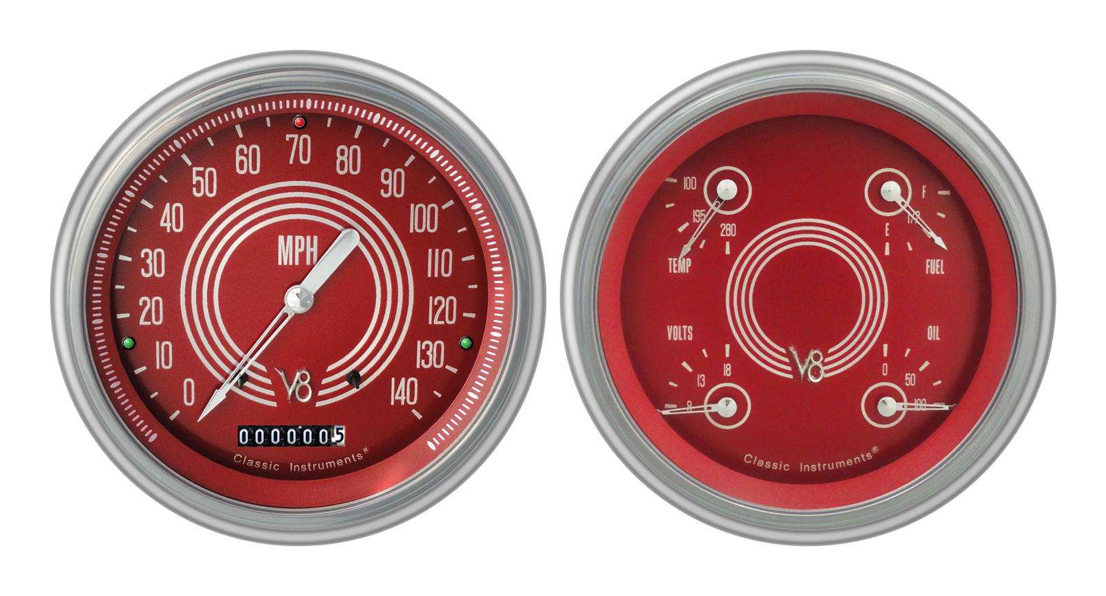 Classic Instruments 1951-53 Chevy Package Gauge Sets CH51V8RS52 Gauges, V8 Red Steelie, Speedometer, Oil Pressure, Fuel Level, Voltage, Red Face, Analog, Chevy, Kit