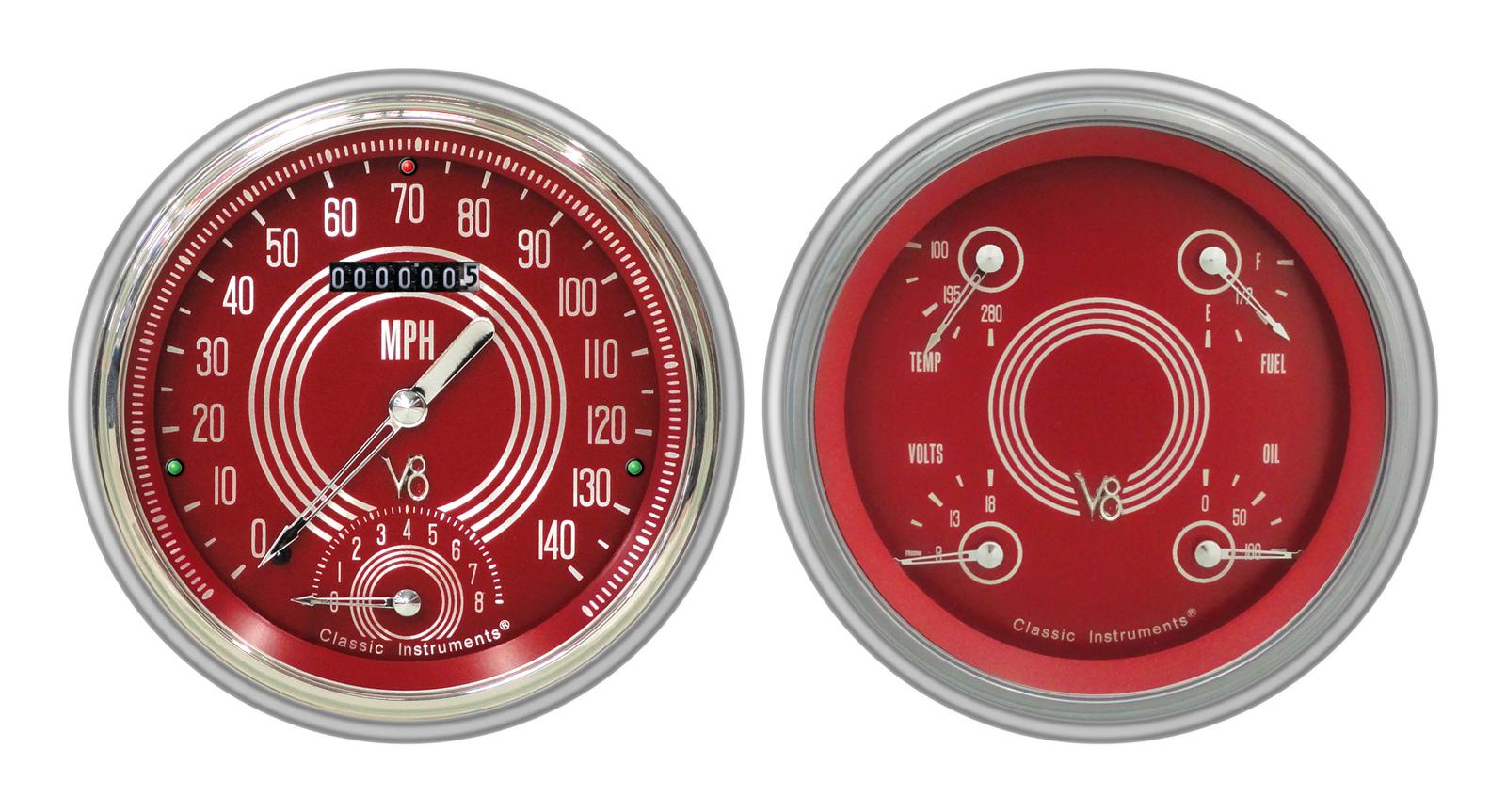Classic Instruments 1951-53 Chevy Package Gauge Sets CH51V8RS62 Gauges, V8 Red Steelie, Speedometer, Tach, Oil Pressure, Fuel Level, Voltage, Red Face, Analog, Chevy, Kit