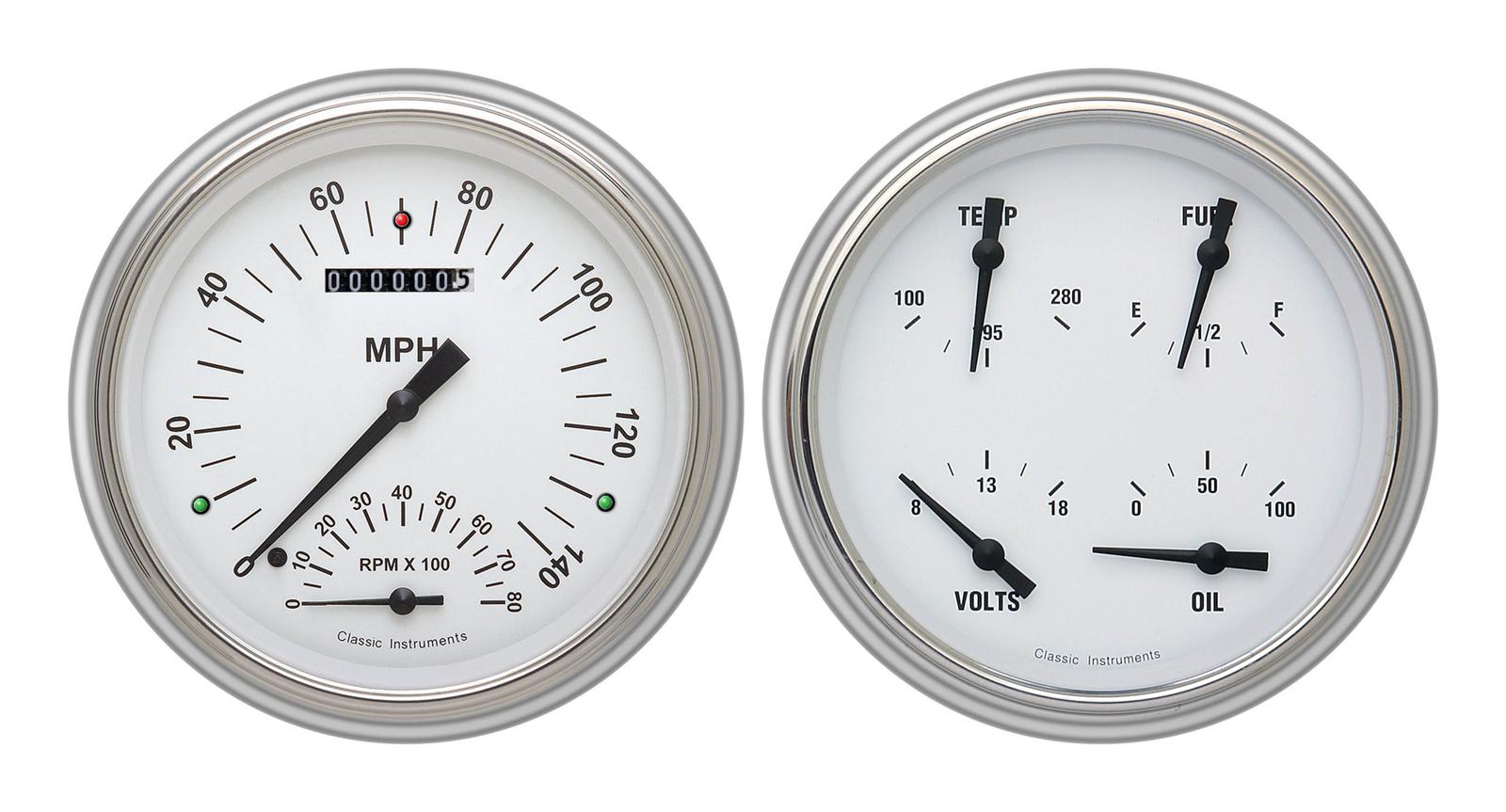 Classic Instruments 1951-53 Chevy Package Gauge Sets CH51WH62 Gauges, White Hot, Speedometer, Tach, Oil Pressure, Fuel Level, Voltage, White Face, Analog, Chevy, Kit