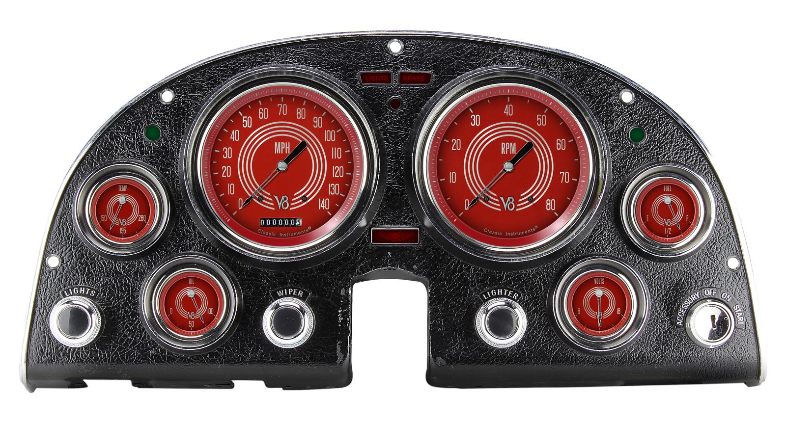 Classic Instruments 1963-67 Corvette Package Gauge Sets CO63V8RS Gauges, V8 Red Steelie Style, Speedometer, Tach, Water Temperature, Fuel Level, Red Face, Analog, Chevy, Kit