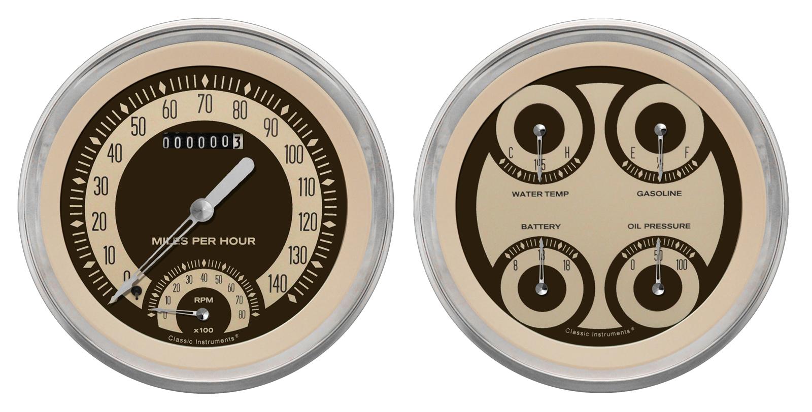 Classic Instruments 1947-53 Chevy Pickup Package Gauge Sets for 1947-1953 TRUCK - CT47NT62 Gauges, Nostalgia VT, Direct-Fit, Beige Face, Black Numbers, Analog, Chevy, GMC, Kit