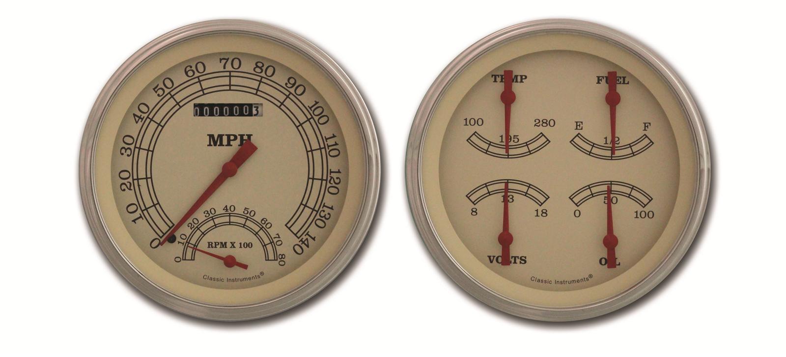 Classic Instruments 1947-53 Chevy Pickup Package Gauge Sets for 1947-1953 TRUCK - CT47VT62 Gauges, Vintage Style, Speedometer, Tach, Water Temperature, Fuel Level, Beige Face, Analog, Chevy, GMC, Set