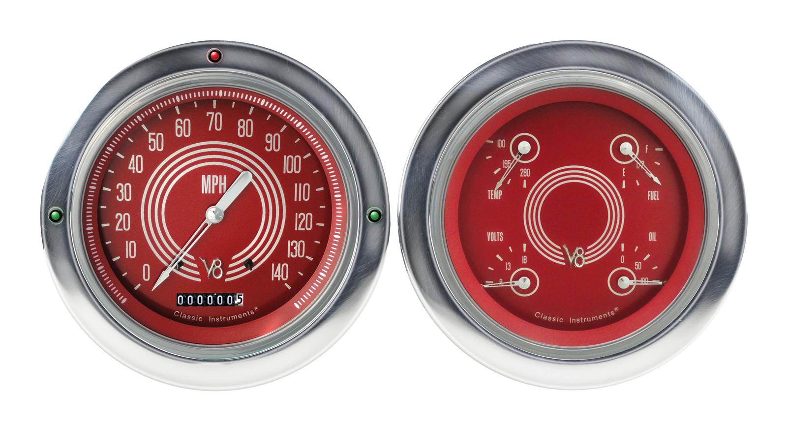 Classic Instruments 1954-55 Chevy Pickup Package Gauge Sets CT54V8RS52 Gauges, V8 Red Steelie, Speedometer, Water Temperature, Fuel Level, Voltage, Red Face, Analog, Chevy, Kit
