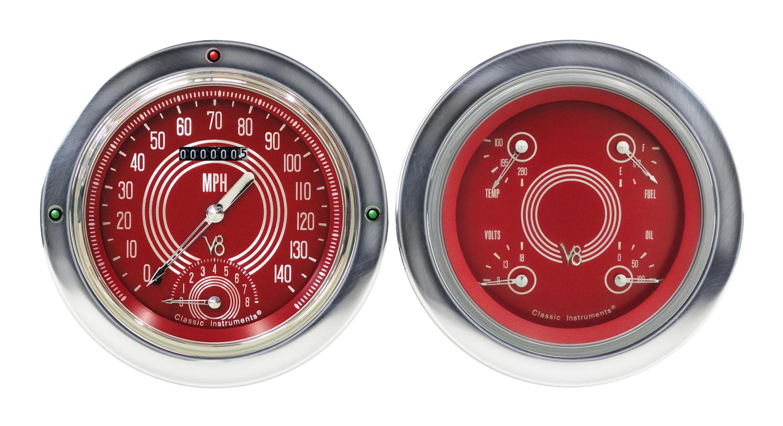 Classic Instruments 1954-55 Chevy Pickup Package Gauge Sets CT54V8RS62 Gauges, V8 Red Steelie, Speedometer, Tach, Water Temperature, Fuel Level, Red Face, Analog, Chevy, Kit
