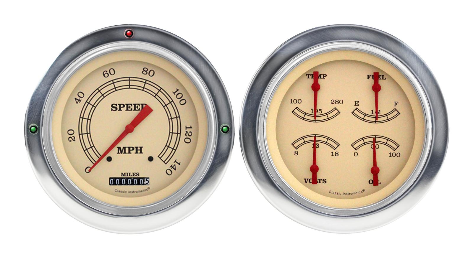 Classic Instruments 1954-55 Chevy Pickup Package Gauge Sets CT54VT52 Gauges, Vintage, Speedometer, Water, Volt, Oil, Fuel, Cream Face, Polished Bezel, Chevy, Kit