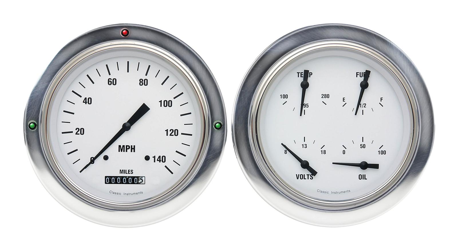 Classic Instruments 1954-55 Chevy Pickup Package Gauge Sets CT54WH52 Gauges, White Hot, Speedometer, Water, Volt, Oil, Fuel, White Face, Polished Bezel, Chevy, Kit
