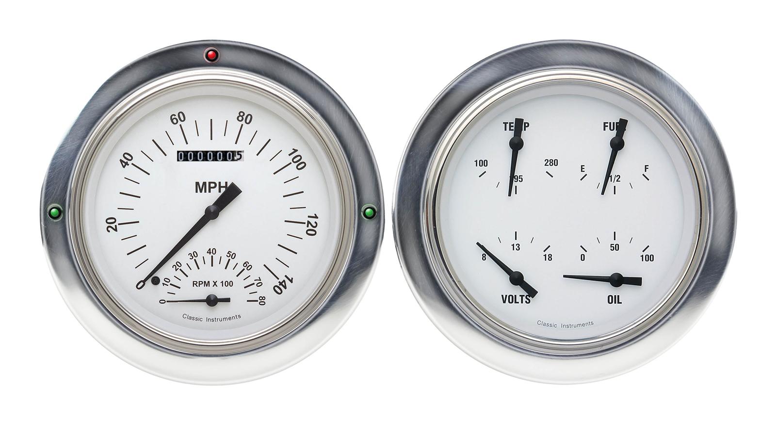Classic Instruments 1954-55 Chevy Pickup Package Gauge Sets CT54WH62 Gauges, White Hot, Speedometer, Tachometer, Water, Volt, Oil, Fuel, White Face, Polished Bezel, Chevy, Kit